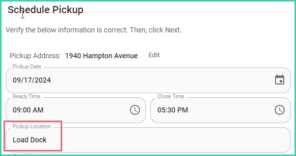 Load Dock is entered into the pickup location field.
