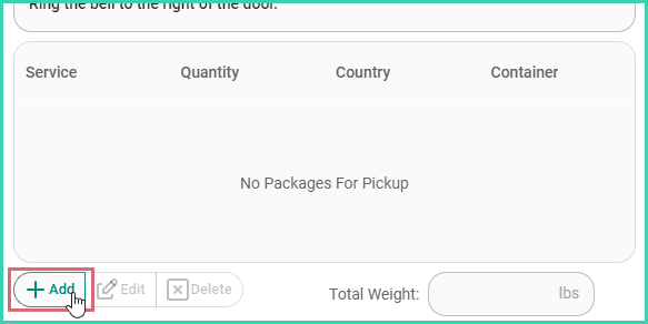 The Add button is being clicked to add packages to the pickup.