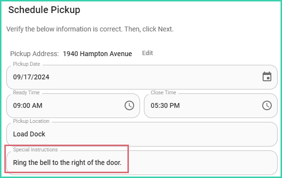 Ring bell is entered into the special instructions field.