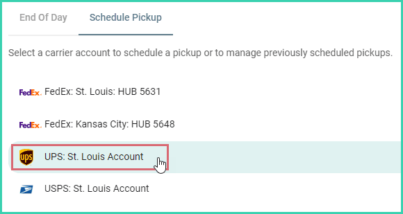 The UPS account is being selected from a list of carrier accounts.