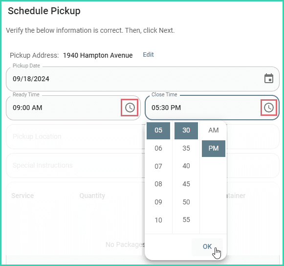 The ready time and close time are being entered.