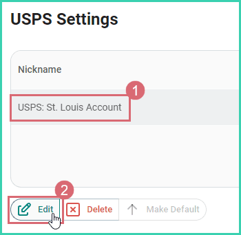 The USPS account is selected and the edit button is being clicked.