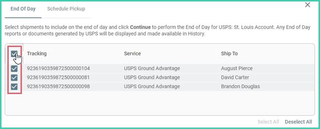 The shipments to include in the End of Day are selected.