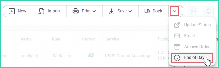 End of day is selected from the order actions menu.