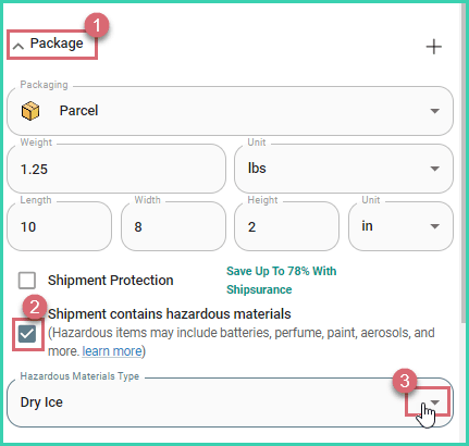 Shipment contains hazardous materials is selected and the Dry Ice is selected as the type of material.