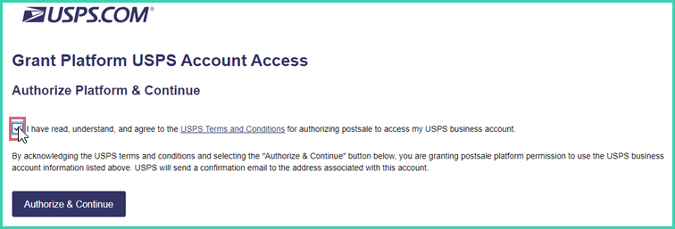 The checkbox is checked to agree to the USPS terms.