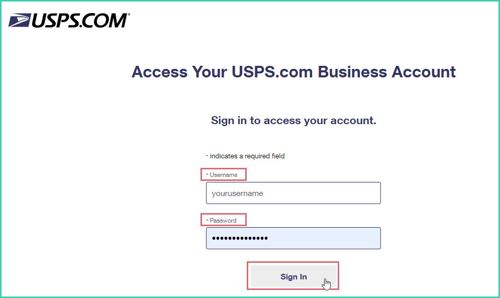 The sign in screen for USPS.com is shown. The username and password are entered and the sign in button is being clicked.