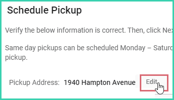The edit button is being clicked to update the pickup address.