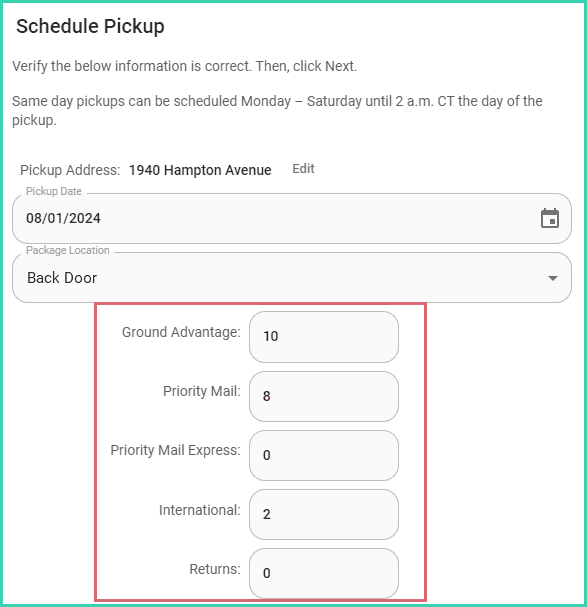 The number of packages for each package type has been entered.