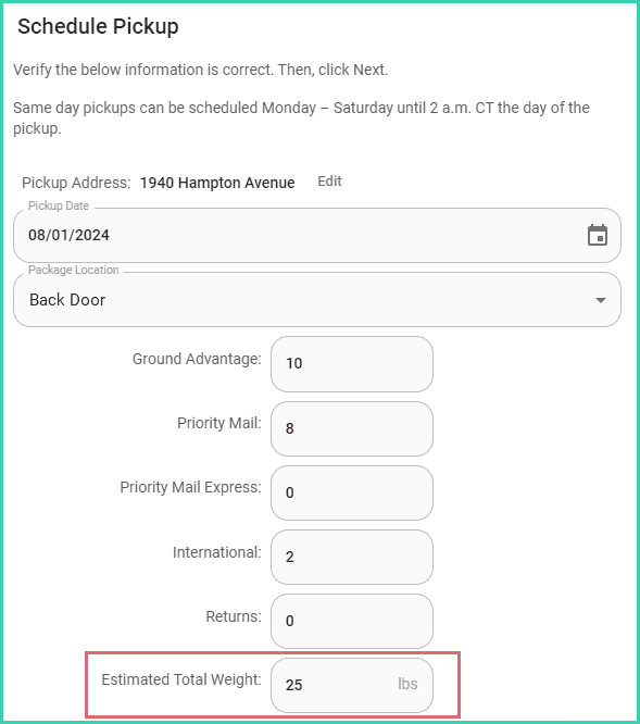 The estimated weight is entered.