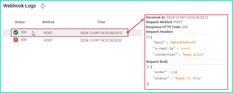 A row is selected and the additional log information is shown.