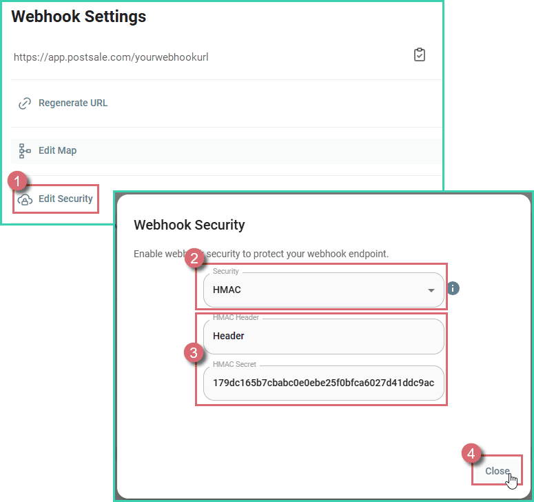 Edit security button has been clicked and the webhook security is being configured for HMAC security.