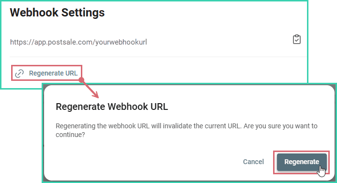 Regenerate URL has been clicked. The regenerate button is being clicked on the confirmation screen.