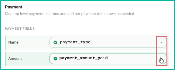 the payment name and amount fields are mapped.