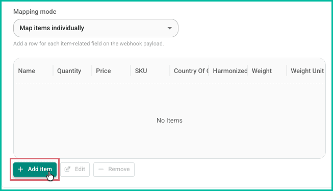 The add item button is being clicked in the items section.