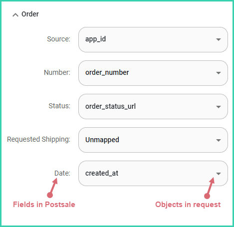 The Postsale fields and webhook objects are shown in the mapping screen.