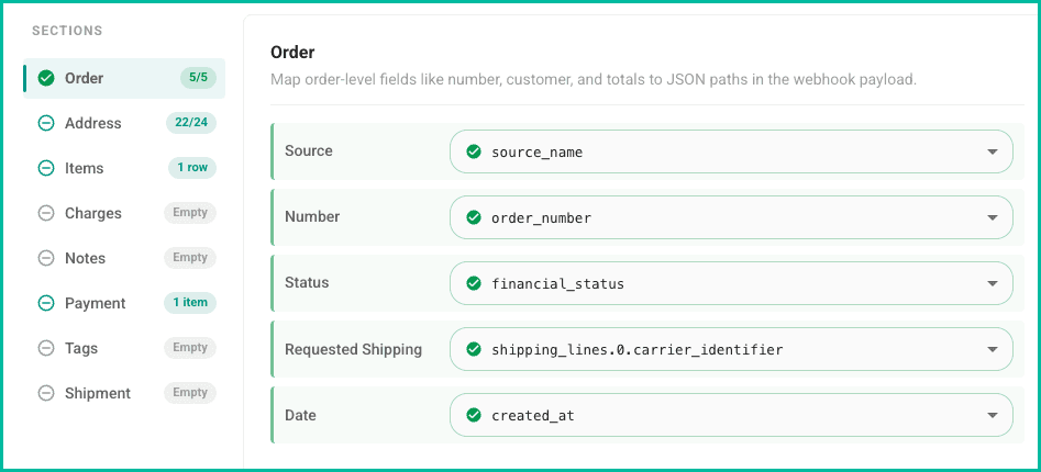 The orders section fields are shown.