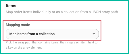 The mapping mode toggle is set to map items from a collection.