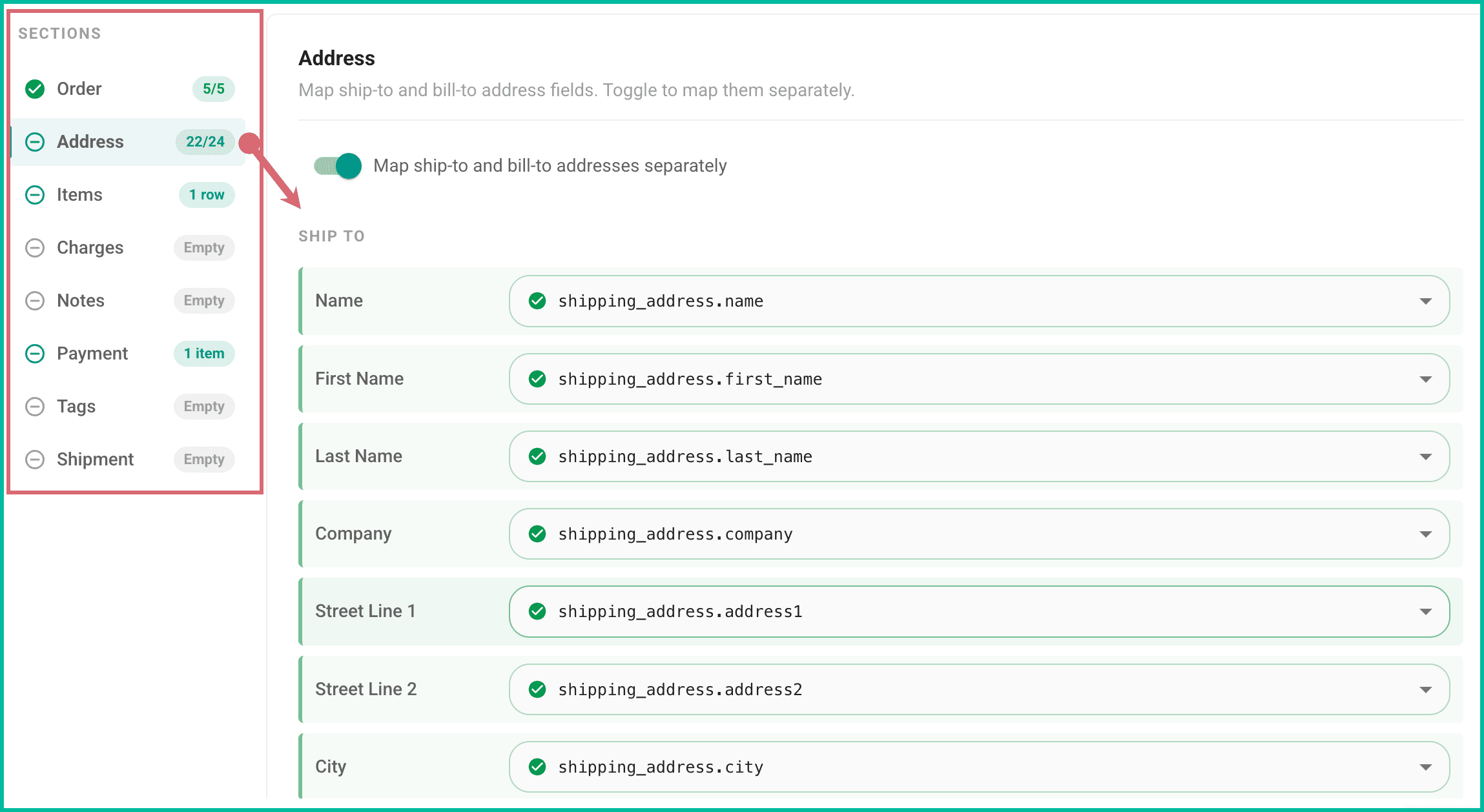 The Address section is selected and the corresponding fields are shown and can be mapped.