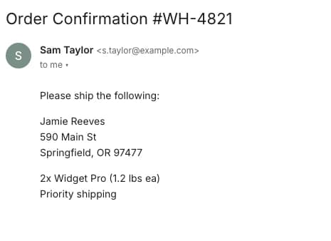 An order confirmation email for order WH-4821 from Sam Taylor: ship 2x Widget Pro to Jamie Reeves, 590 Main St, Springfield, OR 97477, Priority shipping