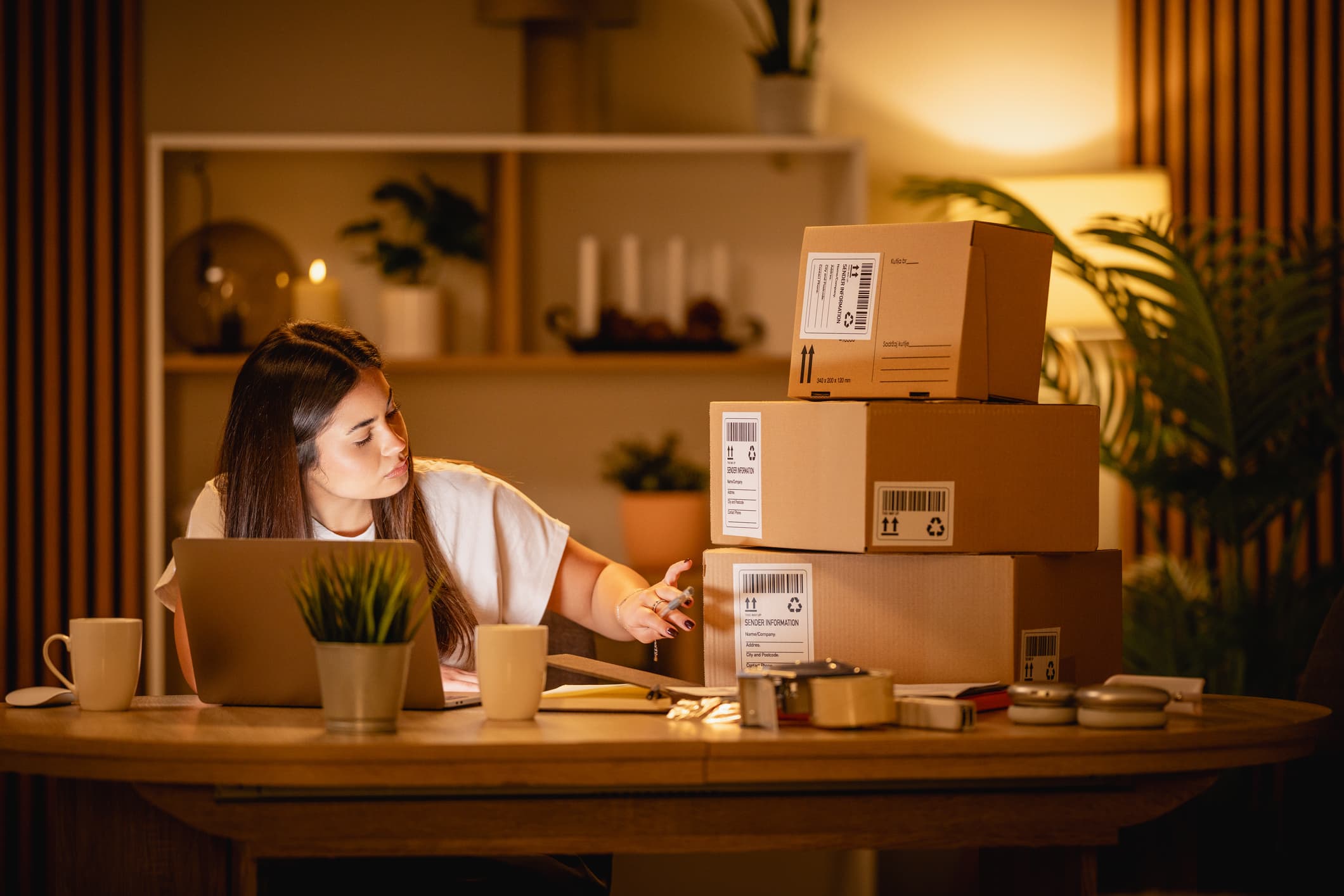 A small-shop owner at her table in the evening, lamp-lit, checking the labels on a stack of parcels beside her laptop