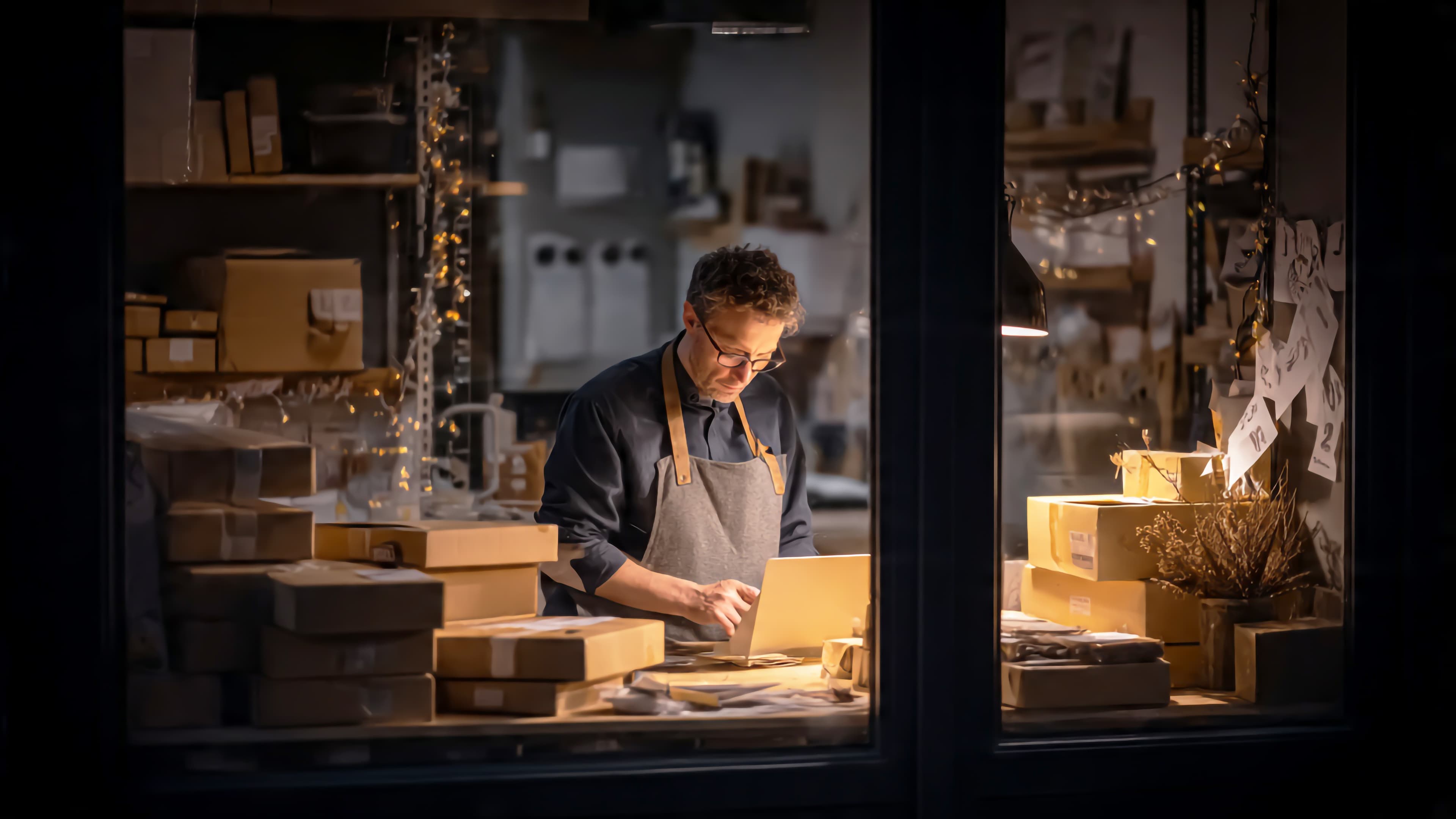 A merchant is seen through the windows of his shop in late evening. A few holiday lights are visible. He is working to keep ahead of the holiday rush.
