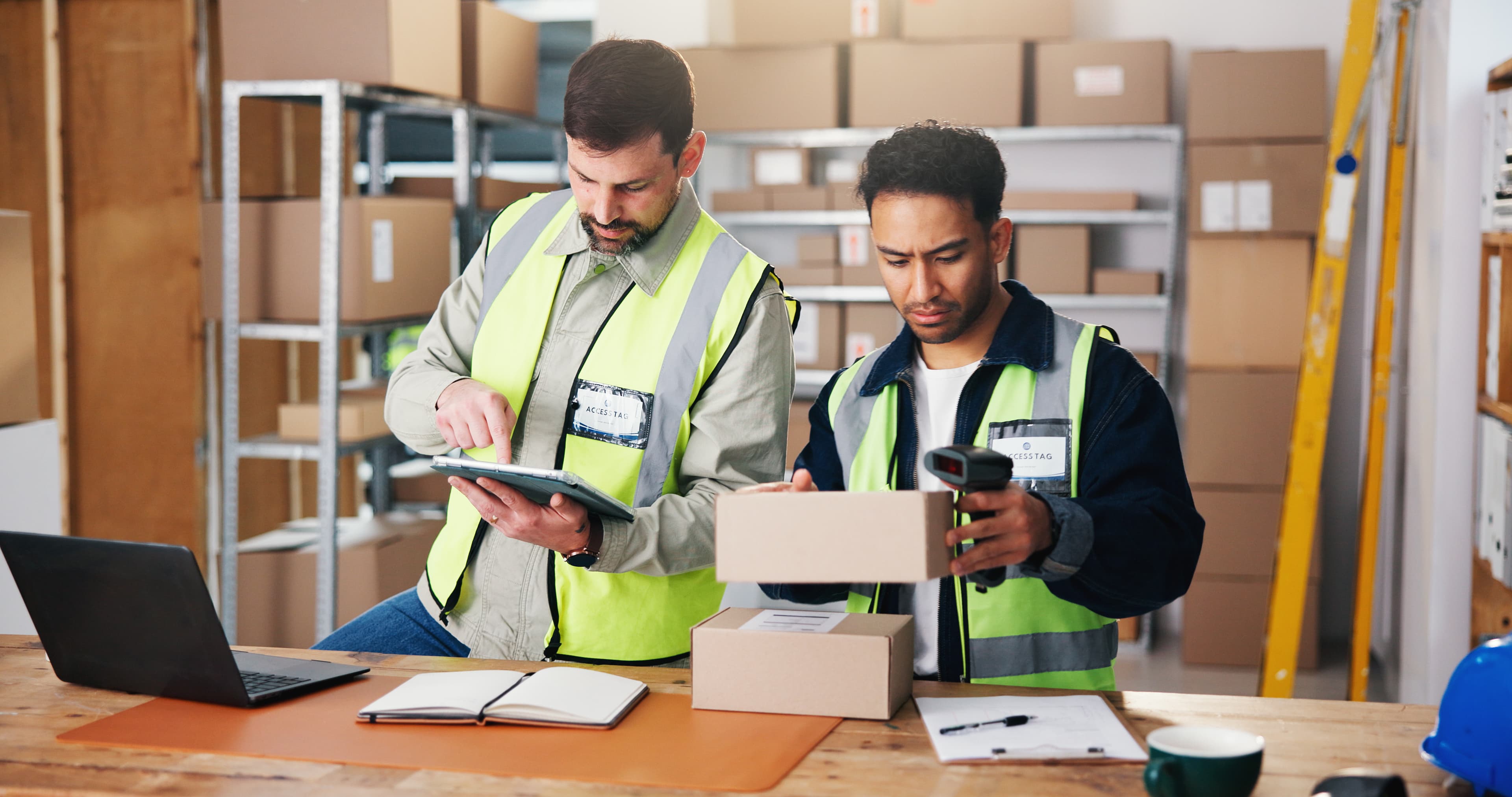 Two warehouse workers in safety vests, one using a tablet and one scanning a parcel at a shipping bench.