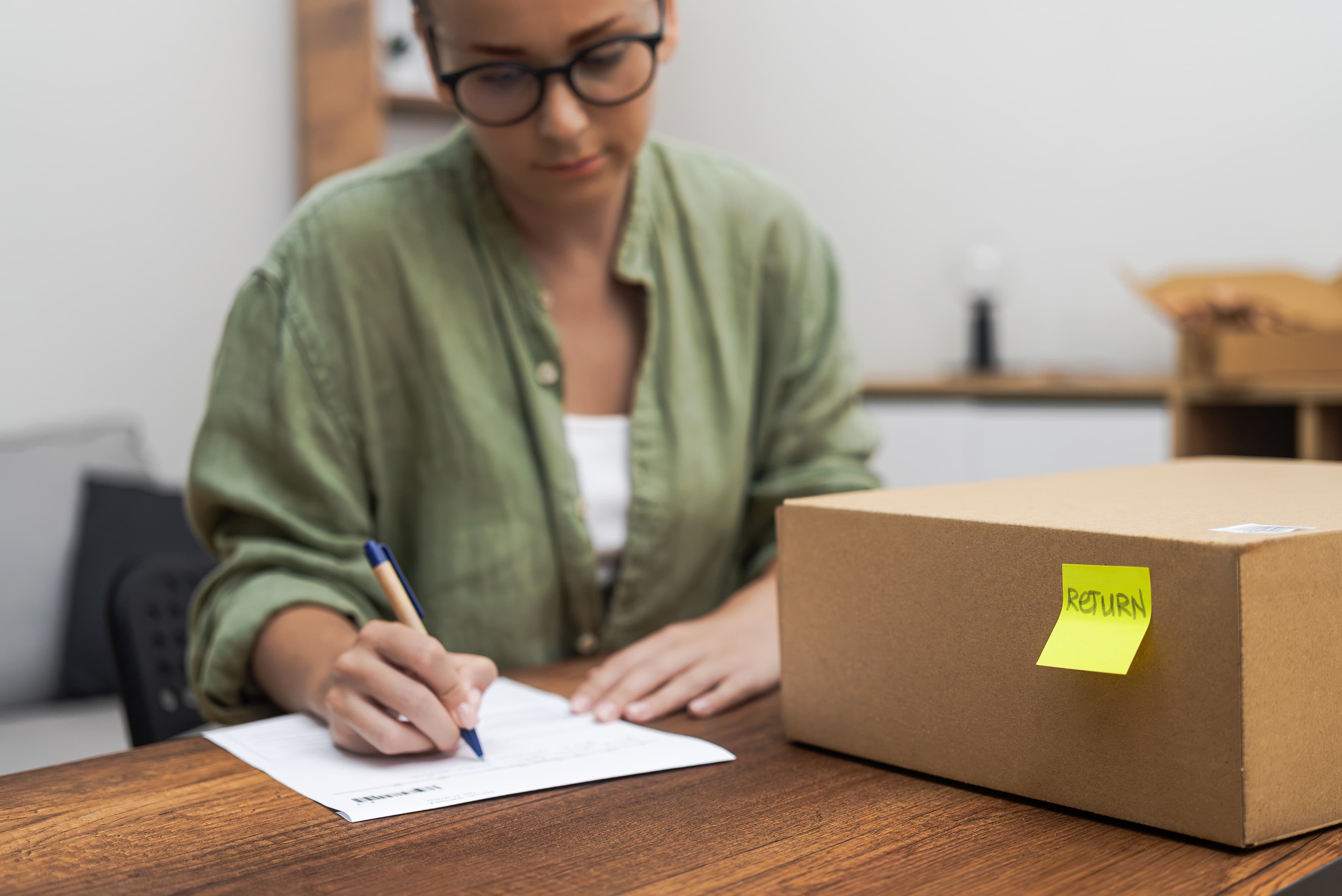 Merchant processing a package return with a return label on a shipping box