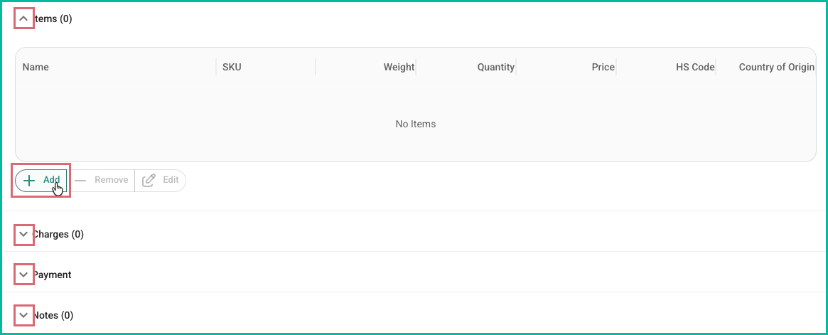 Items, Charges, Payment, and Notes sections with Add buttons