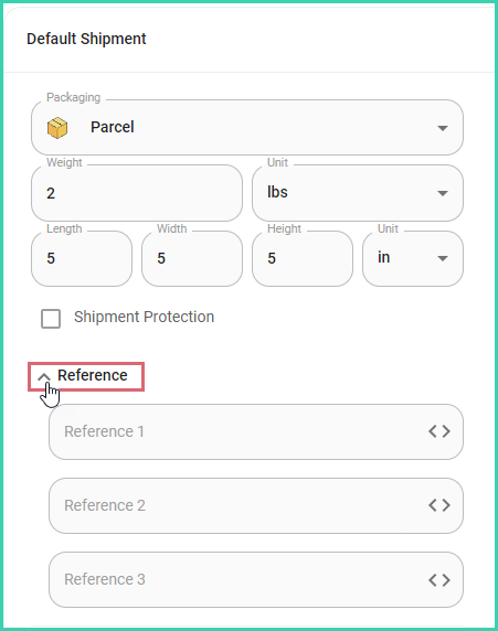 Reference section expanded in the Default Shipment settings