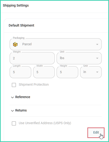 The Edit button is being clicked on the shipping settings screen.
