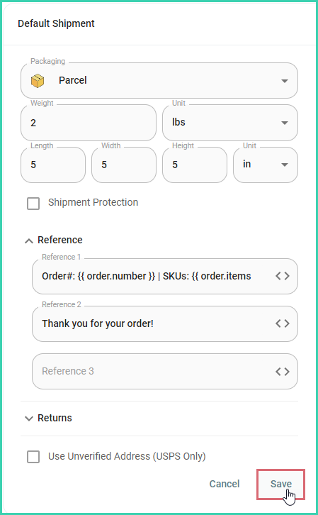 Click Save to save the default reference settings