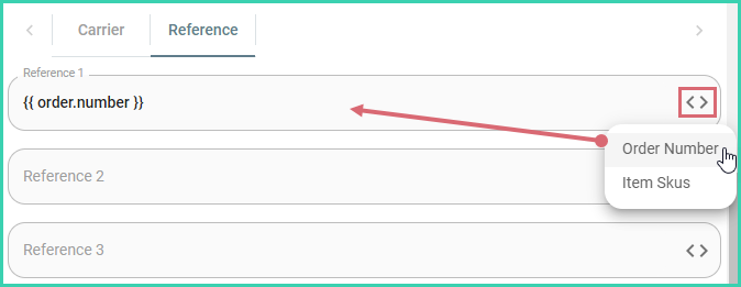 The order number option has been selected and the reference 1 field is populated with the correct code.