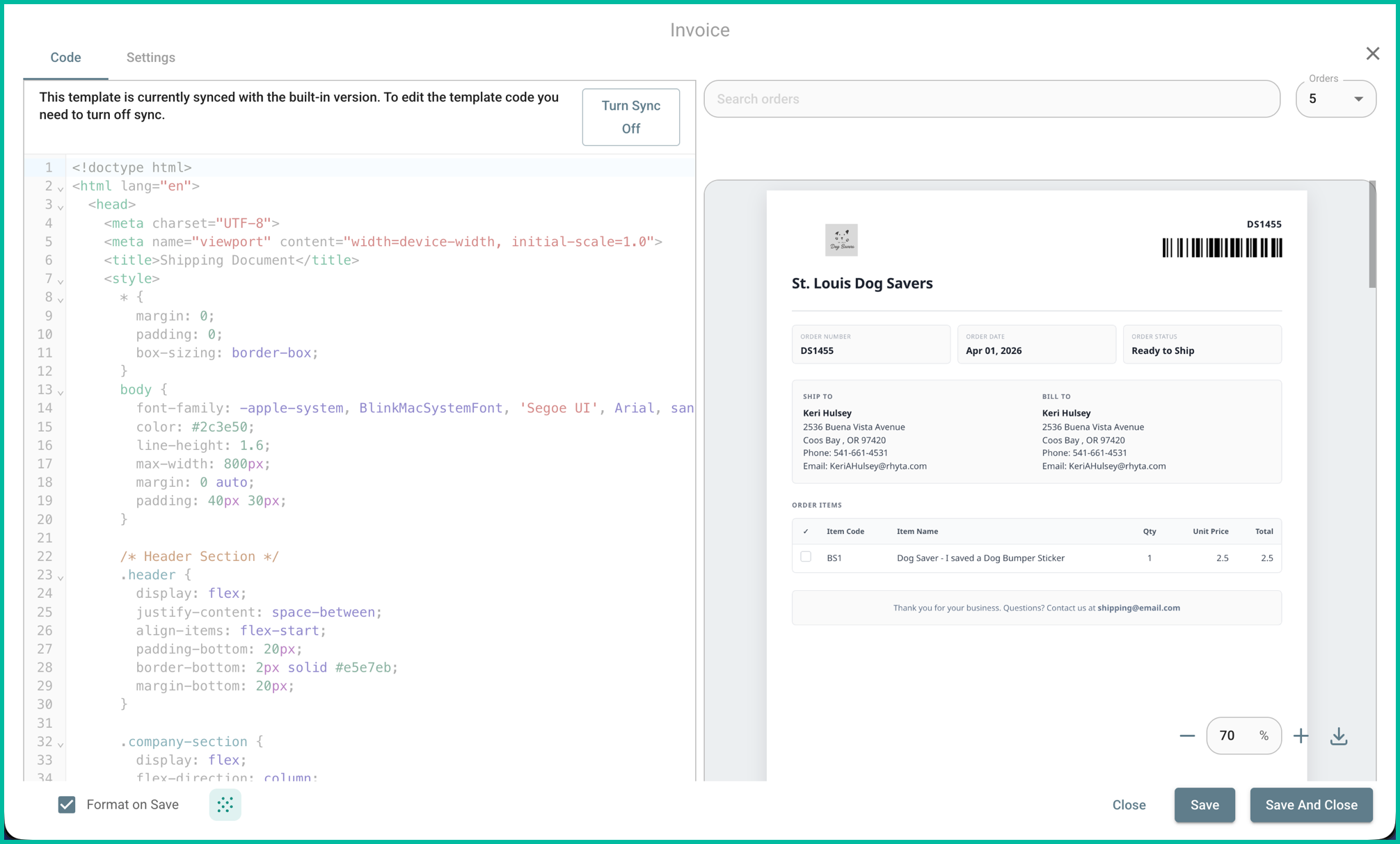 The Postsale template editor is shown.