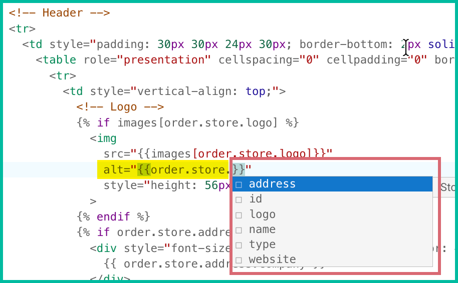 Code is shown in the template editor and the autocomplete feature is listing the available Liquid delimiters.