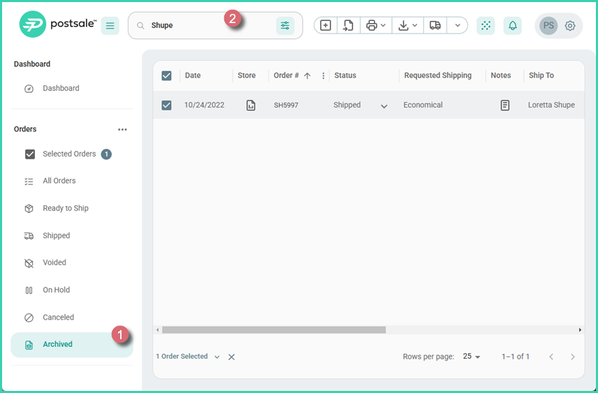 The archived order is selected and a search has been performed. Only archived orders are returned in the results.