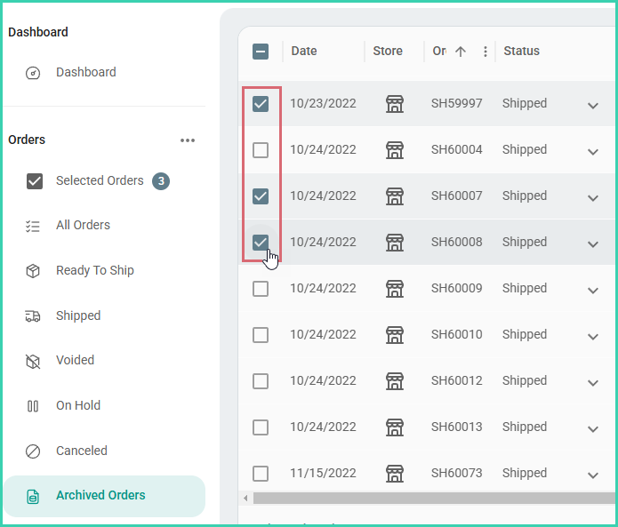 Three archived orders are selected within the archived filter.