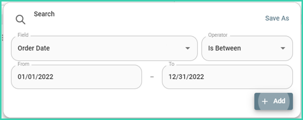 Advanced Search results showing orders dated between January and December 2022