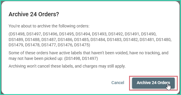 Archive confirmation dialog listing the selected orders