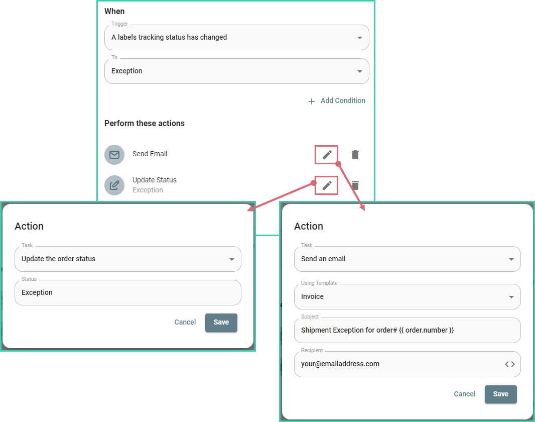 Automation to send email and update status on delivery exception
