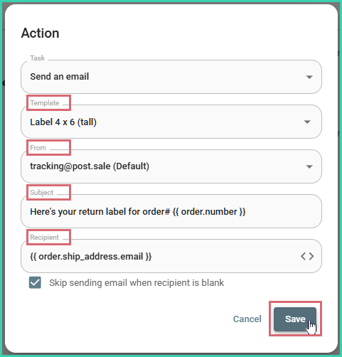 The email action has been configured and the save button is being clicked.