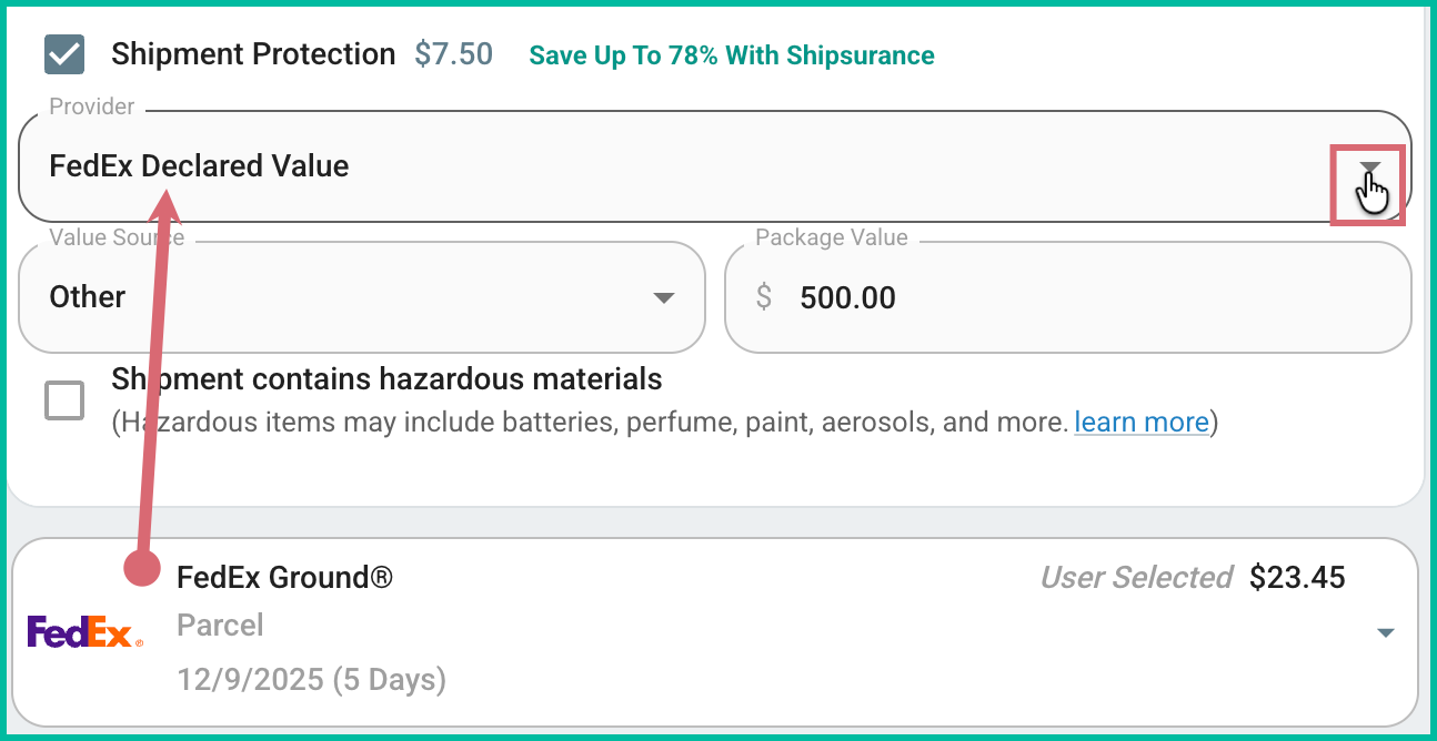 FedEx shipment protection is selected.