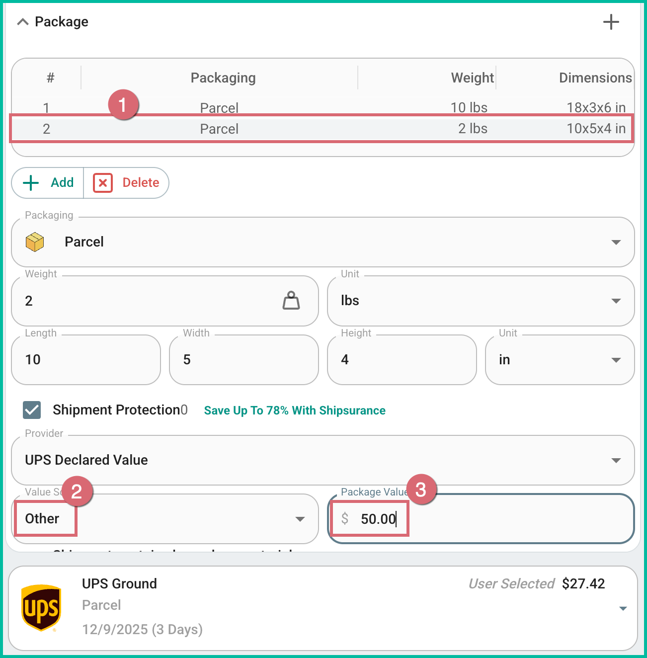 Multi-package shipment with individual package values entered