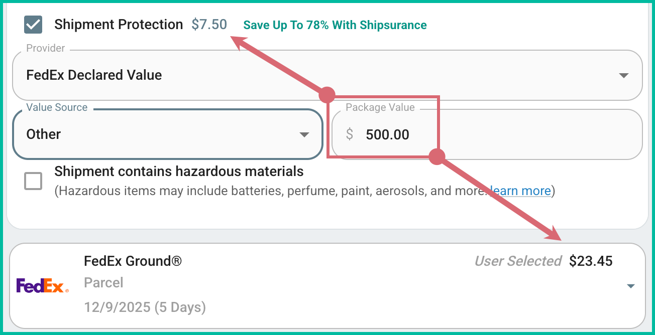 Five hundred dollars shows as the package value. Additional charges are shown by FedEx.