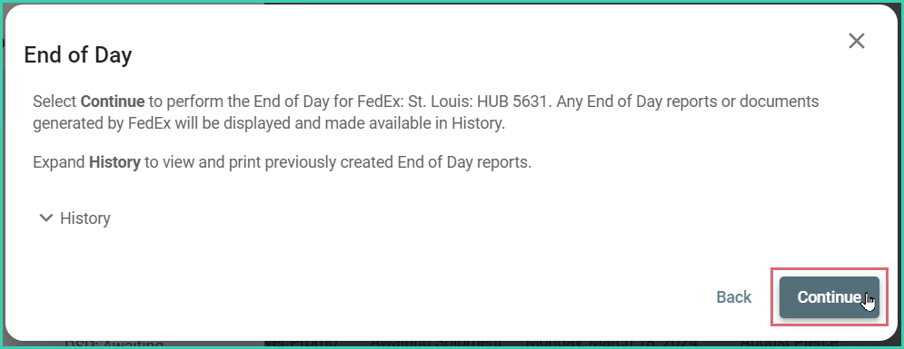 Continue button highlighted in the End of Day dialog