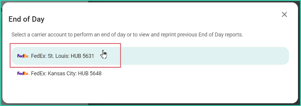 FedEx account selected in the End of Day screen