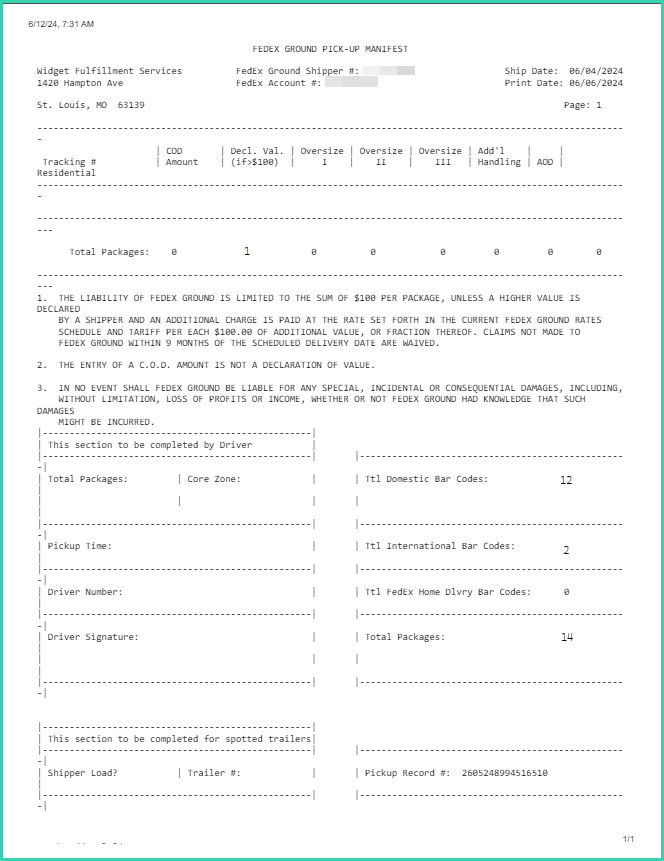 FedEx Ground Pickup Manifest displayed in a browser tab