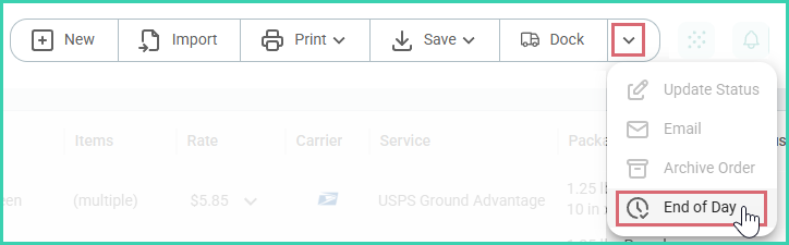 End of day is selected from the order actions menu.