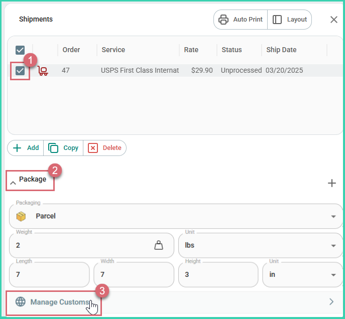 Manage Customs button highlighted in the Package section of the Dock