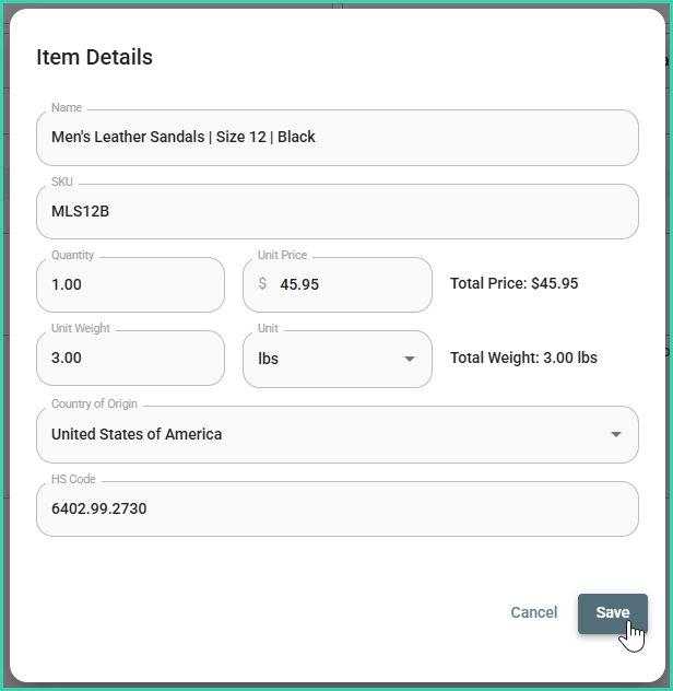 Customs item fully configured with name, quantity, price, weight, and HS code